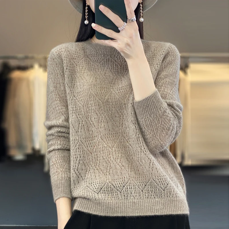 Women 100% Pure Merino Wool Sweater Round Collar Diamond Square Hollow Pullover Spring Autumn Basis Casual Warm Knitting Top 5