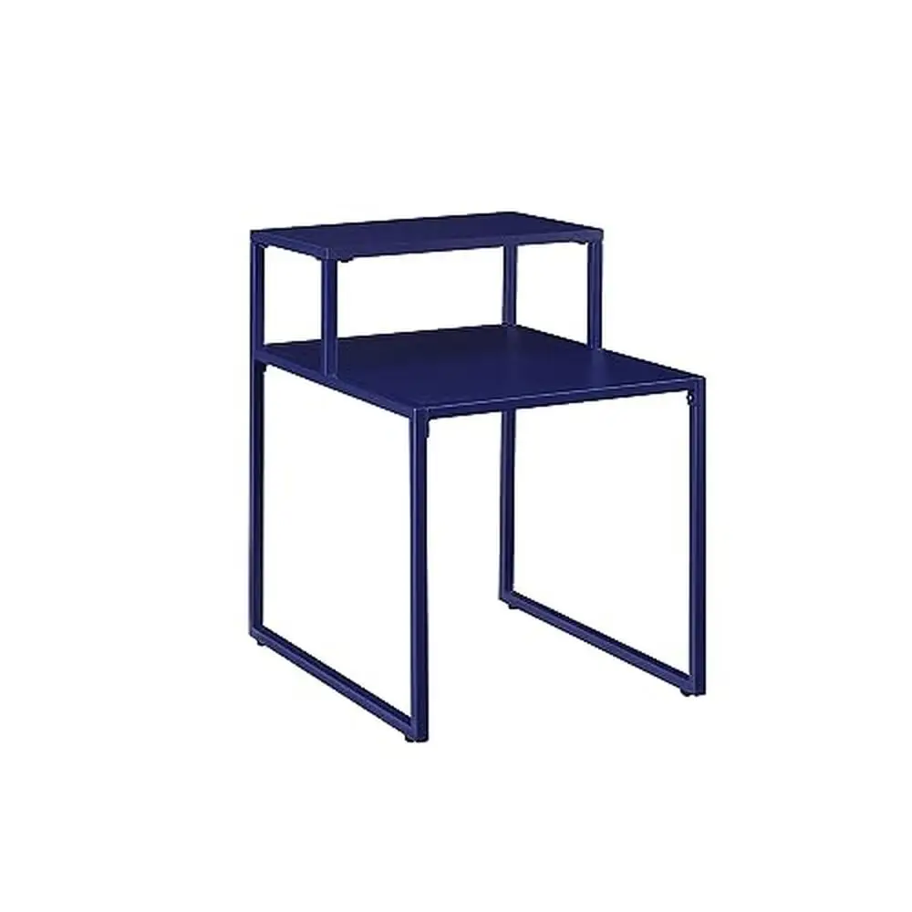 

Metal Wood Tiered Side Table Contemporary Urban 2-Level Storage 16" Blue