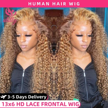 HD 13x6 Highlight Wig Human Hair Honey Blonde Brown Lace Front Wigs Deep Curly Human Hair Wig Water Wave 13x4 Lace Frontal Wig 1