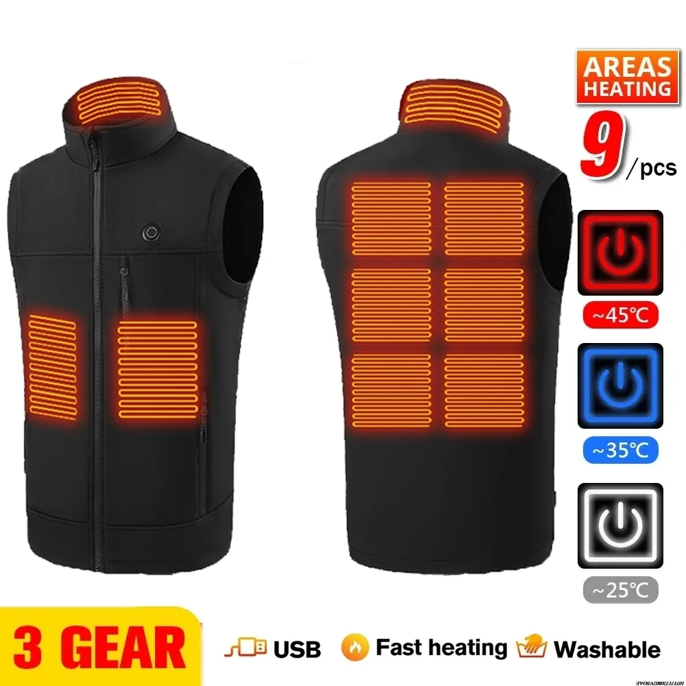 9개 구역 발열 조끼 블랙 히트 조끼 남녀 공용 자켓 배터리 구동 오토바이 사냥 스키 발열 조끼 겨울용 따뜻한 조끼
