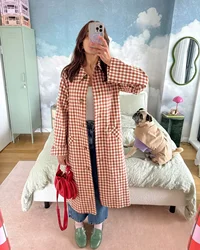 Chic Women's Casual Plaid Windbreaker Jacket with Lapel and Pockets - S (Plaid)