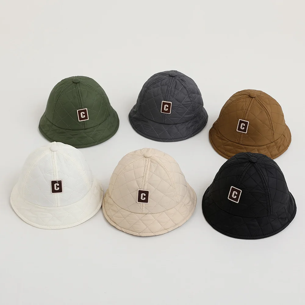 

Autumn Winter Baby Fashion Letter Fleece Fisherman Hat Toddler Boy Down Cloth Diamond Plaid Basin Cap Girl Baby Plus Velvet Caps