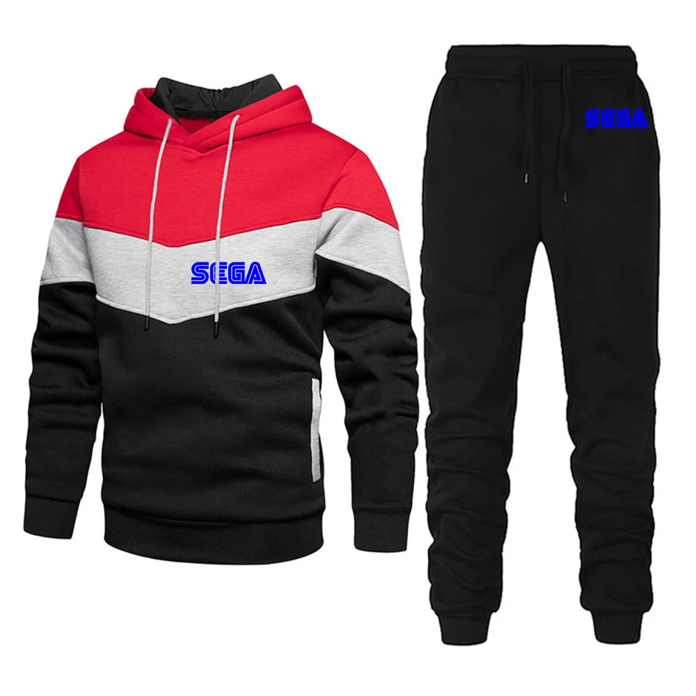 2023 Sega Spring and Autumn New Model Print Men Casual Three Color Stitching Patchwork Hoodies+ Trousers Set