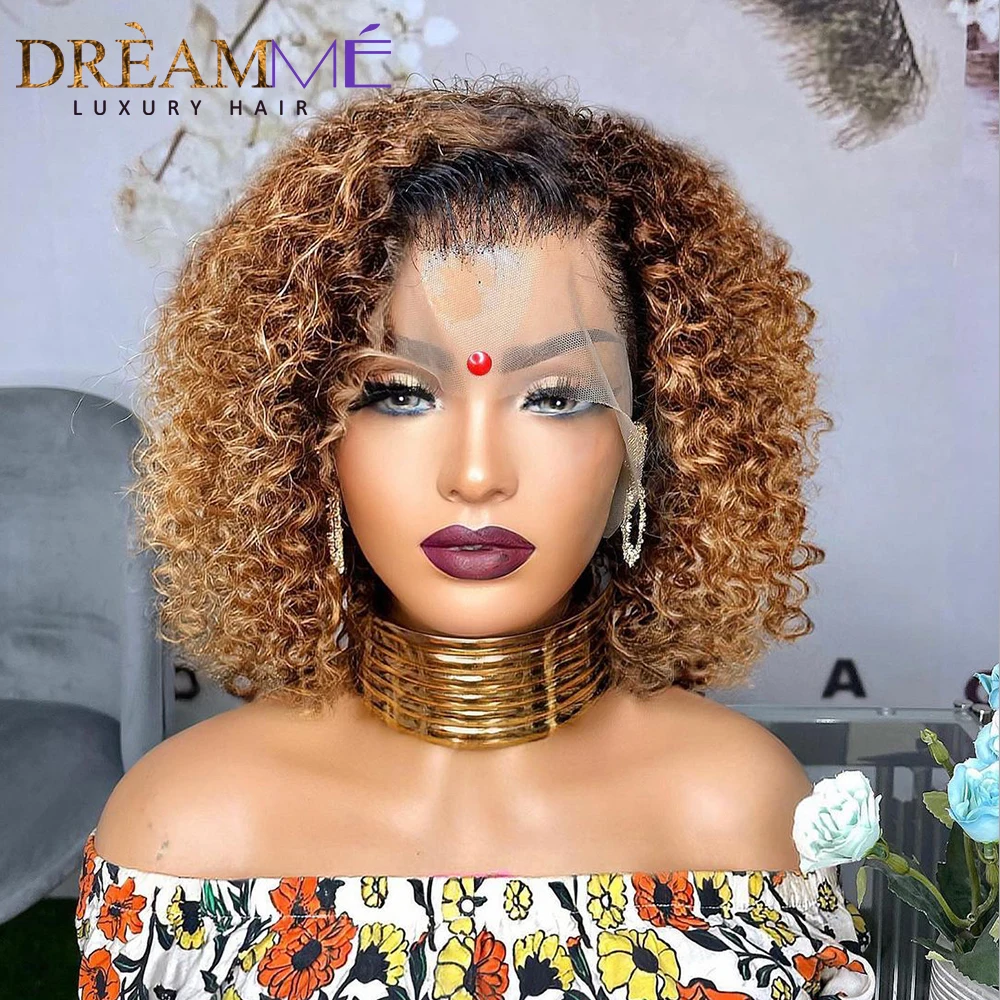 Honey Blonde Colored Short Curly Bob 13X4 Lace Front Human Hair Wigs Brazilian kinky curly Lace Closure Frontal wig For Women