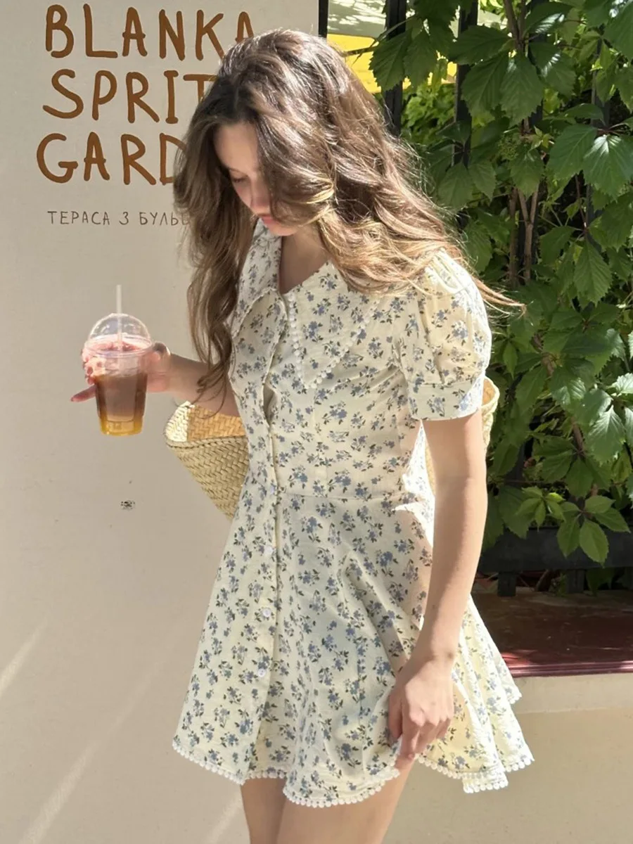 Bornladies 2026 Summer New Floral Short Sleeve Dress Women's Elegant Slim Fit Sweet Button Front Puff Sleeves Mini Dress