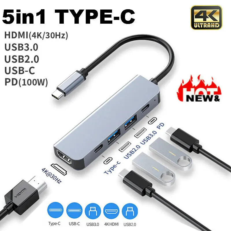 5-in-1 Multiport USB-C Adapter, USB-C Hub, 4K HDMI