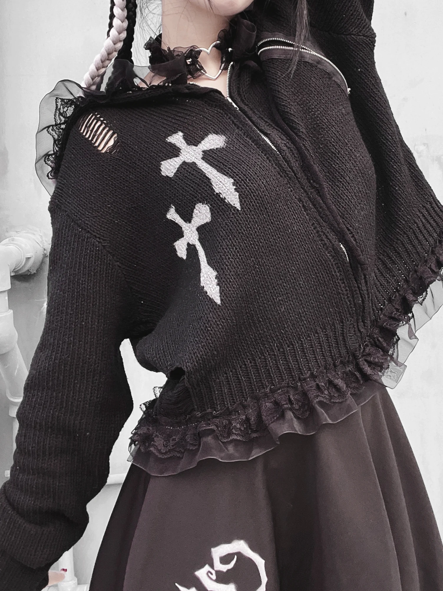 Ruibbit New Spring Autumn Women Harajuku Punk Gothic Girls Black Hoodies Hip Pop Sweatshirt Hooded Japanese Ink Jet Cross