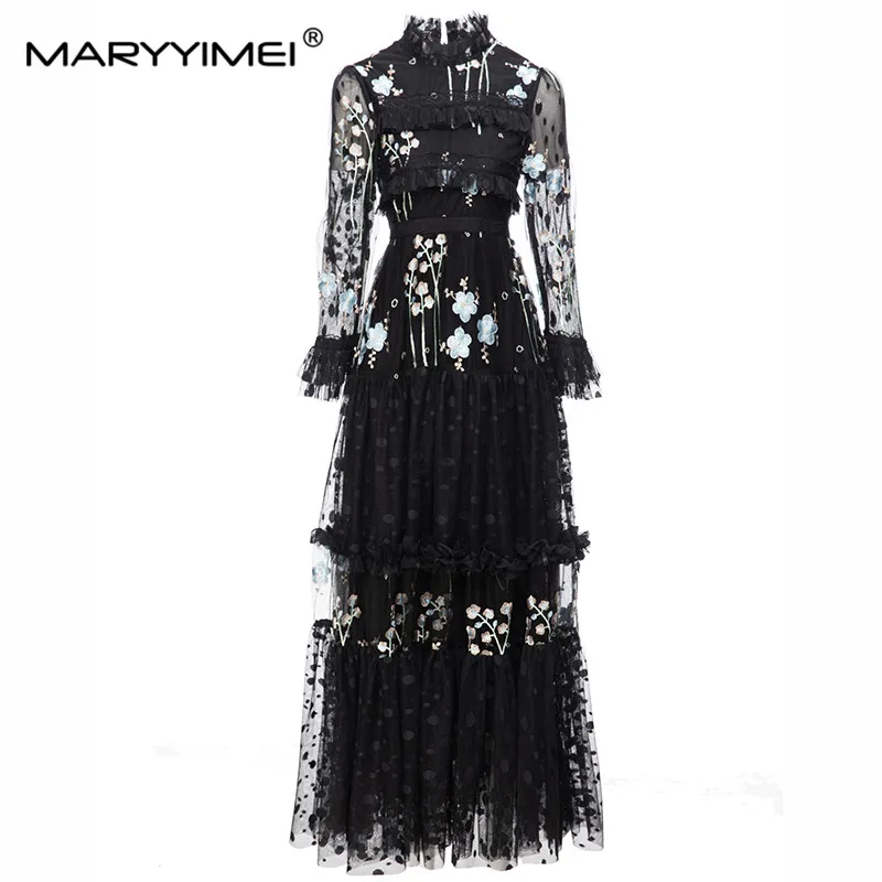 

MARYYIMEI Сетчатое платье с расклешенными рукавами с цветочной вышивкой и оборками, весна-осень 2023, новые праздничные длинные платья с поясом