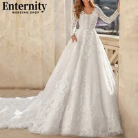 Customized V Neck Lace Appliques Wedding Dresses Court Train Long Sleeves Bridal Gowns Illusion Back Pleats Vestidos De Novia 2