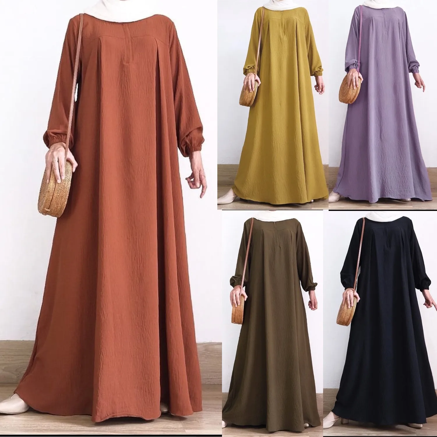 

Zip-up O-neck Abayas for Women Solid Stretch Cuff Women Dress Simple Muslim A-line Dresses Femme Turkey Dubai Vestido Kaftan
