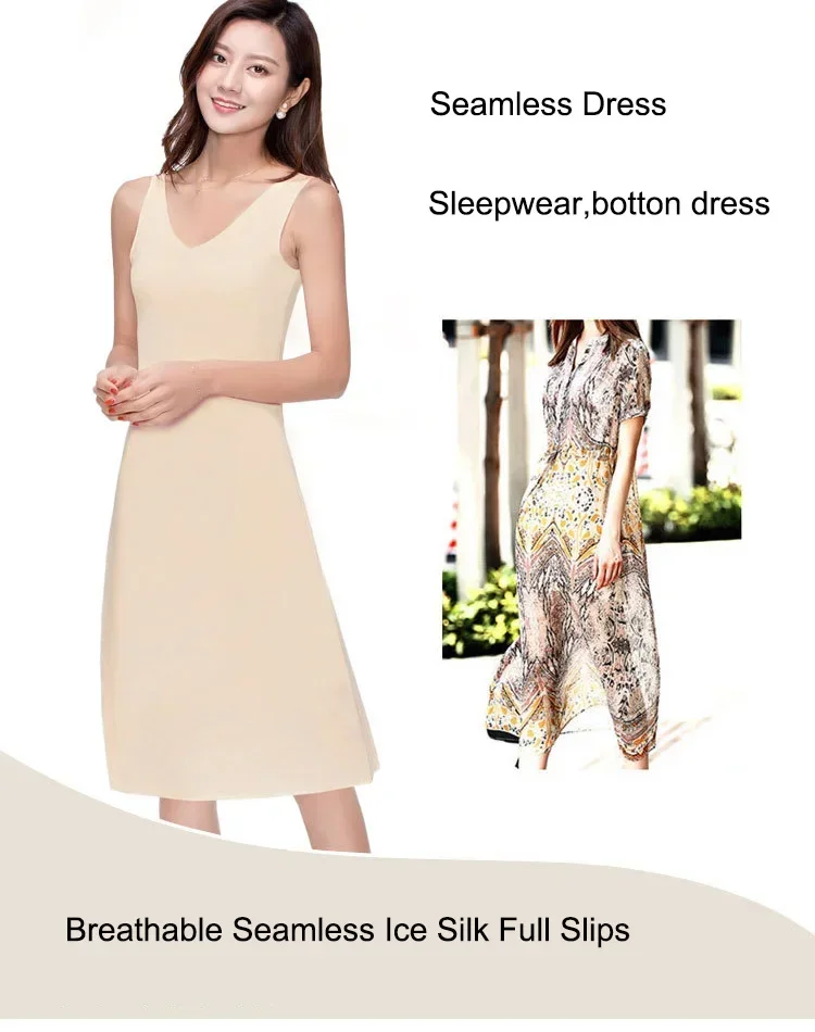 Description Picture 2 of itemM-5XL Plus Size Full Slips Dresses For Women Summer Thin Seamless Ice Silk Petticoat Underskirt Sleeveless Underwear Dress Slips