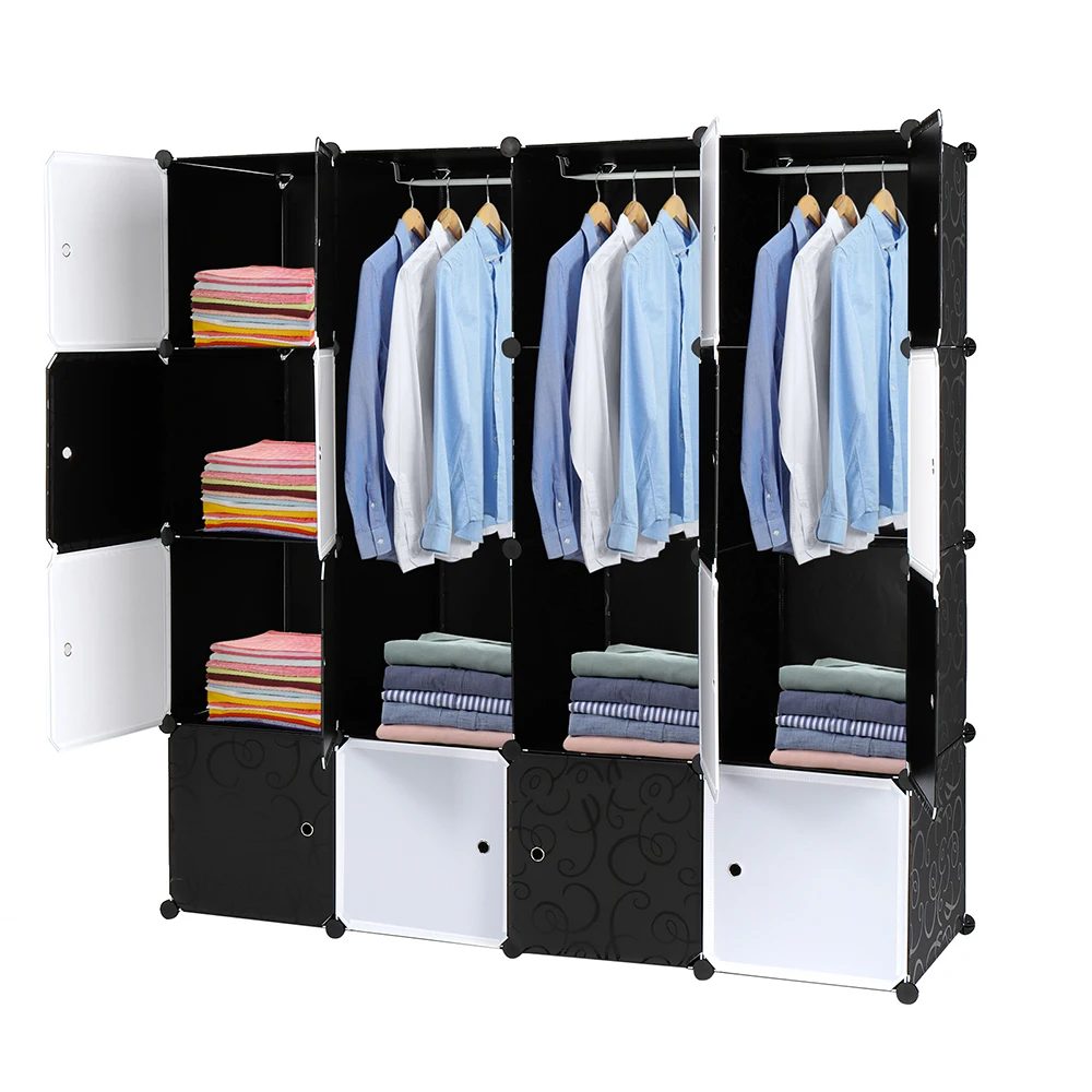 16 Cube Organizer Stackable Plastic Cube Storage Shelves Design Multifunctional Modular Closet Cabinet with Hanging Rod Black an 6