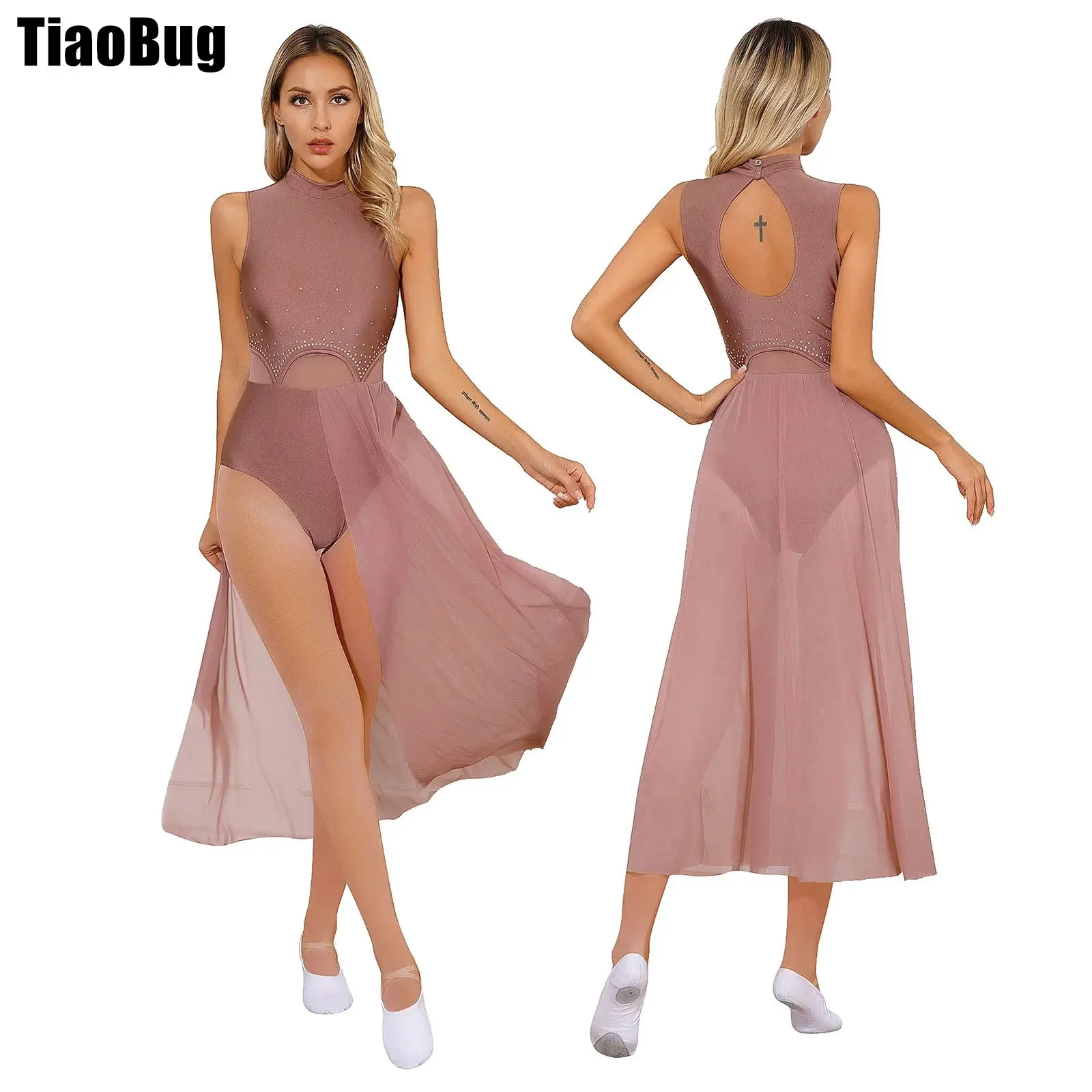 

Womens Lyrical Dance Dress Keyhole Back Stage Performance Costume Rhinestone Split Patchwork Leotard Ballet Dresses