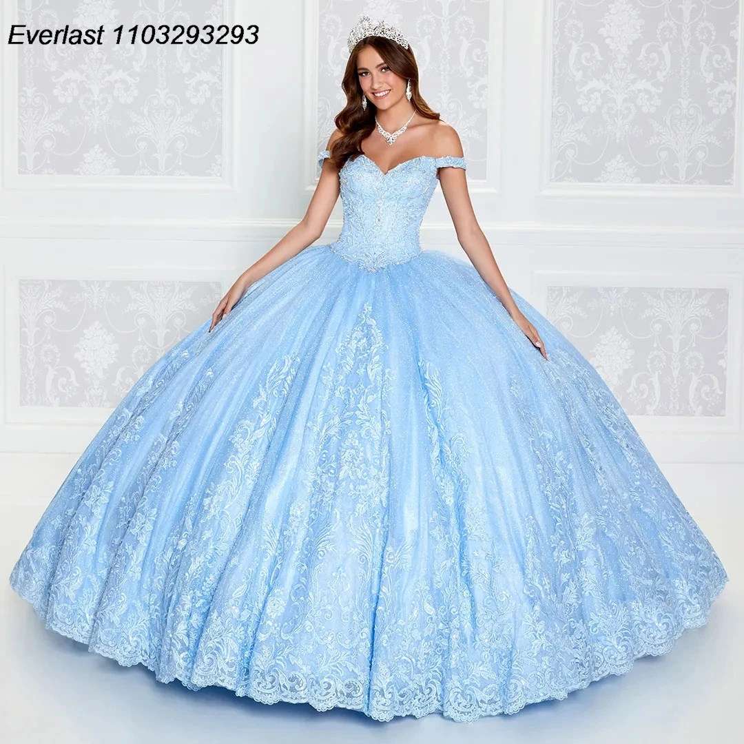 EVLAST Blue Quinceanera Dress Ball Gown Lace Applique Beaded Crystal Off Shoulder Sweet 16 Vestido 15 De A&ntilde;os TQD249
