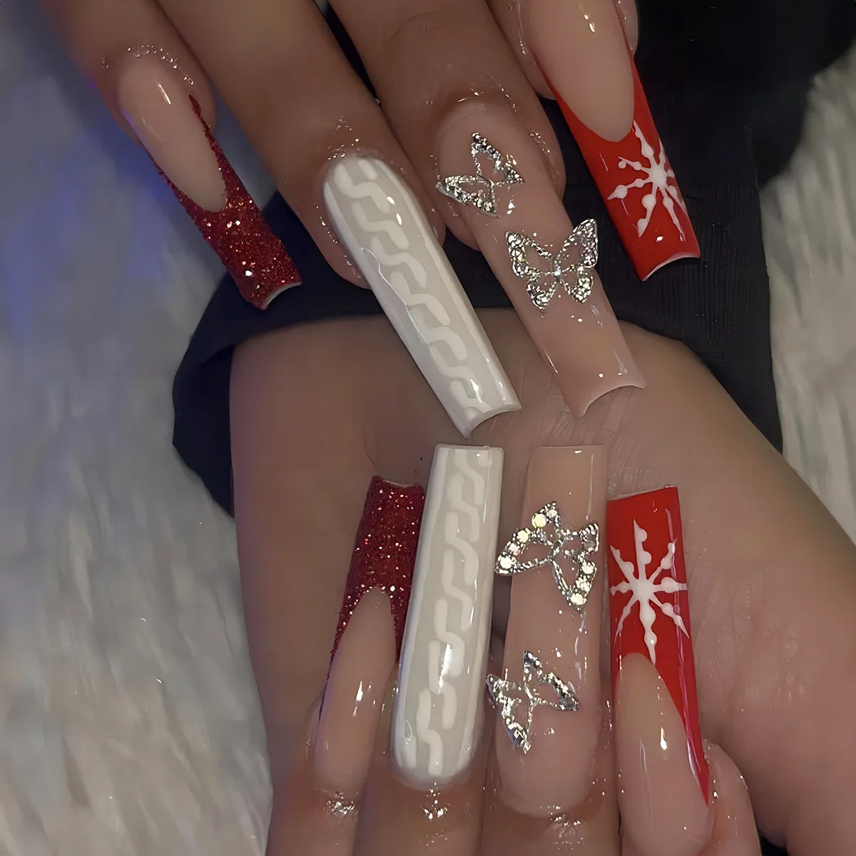 

3D fake nails accessories Christmas snow flakes long french coffin tips with butterfly rhinestons press on false nail supplies