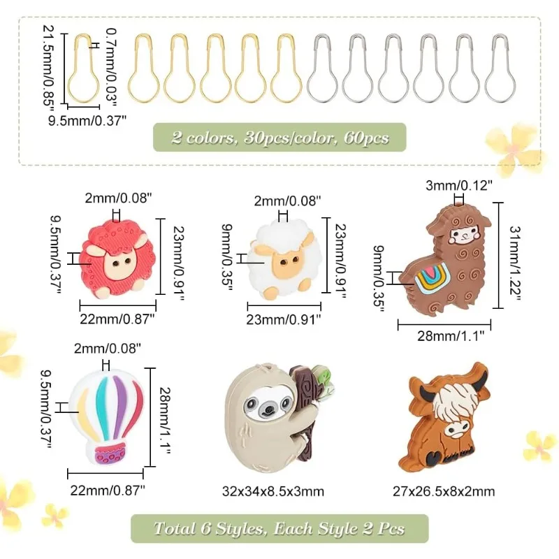 12 Pcs Animal Knitting Needle Stoppers with 60 Pcs Safety Pins Sheep/Hot Air Balloon/Sloth/Alpaca Needle Point Protectors Pear