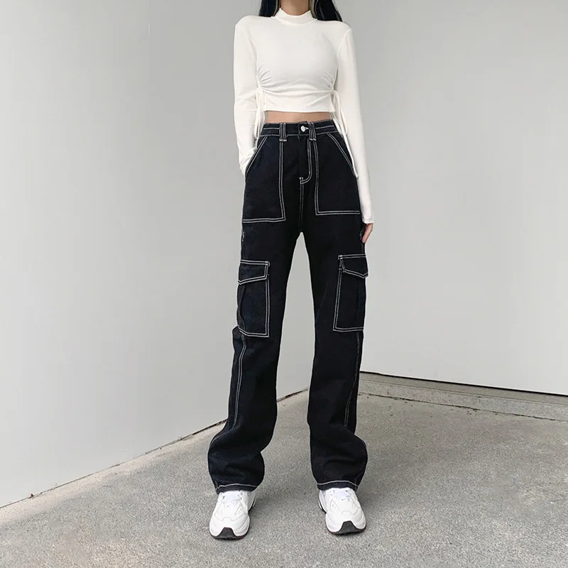 

Ekaliy Pockets Patchwork Baggy Jeans Fashion Streetwear Cotton Women Denim Trouser Loose Cargo Pants 2022 Korean Jeans Harajuku