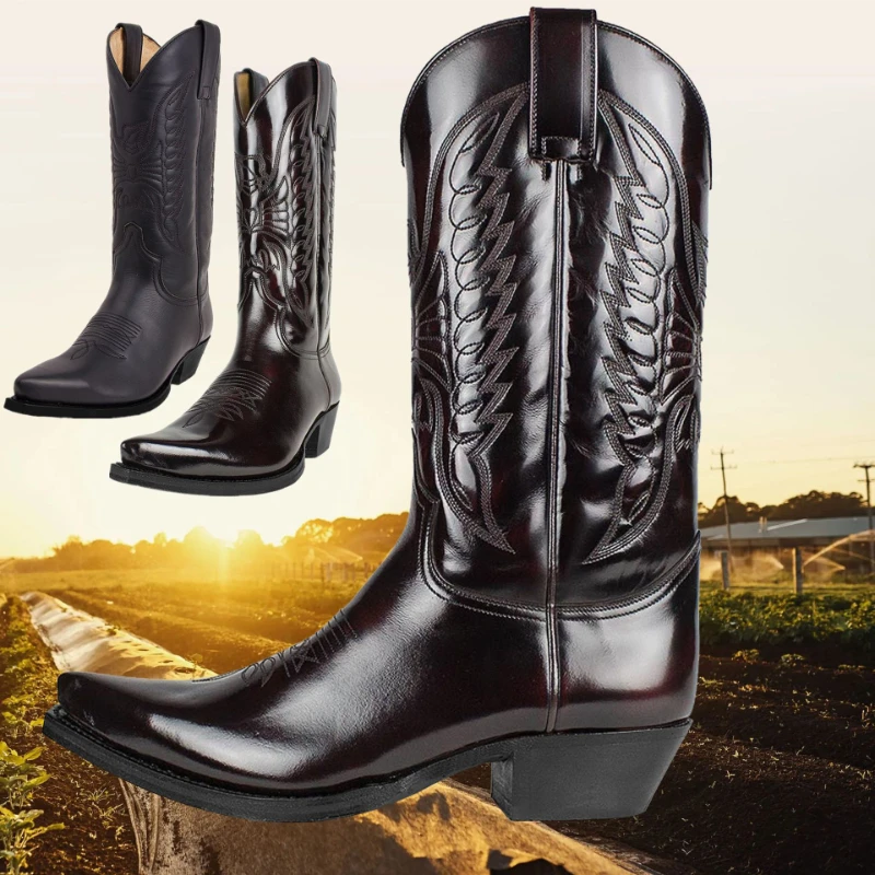SIULAS PU Bottes En Cuir Vintage Western Cowboy Bottes