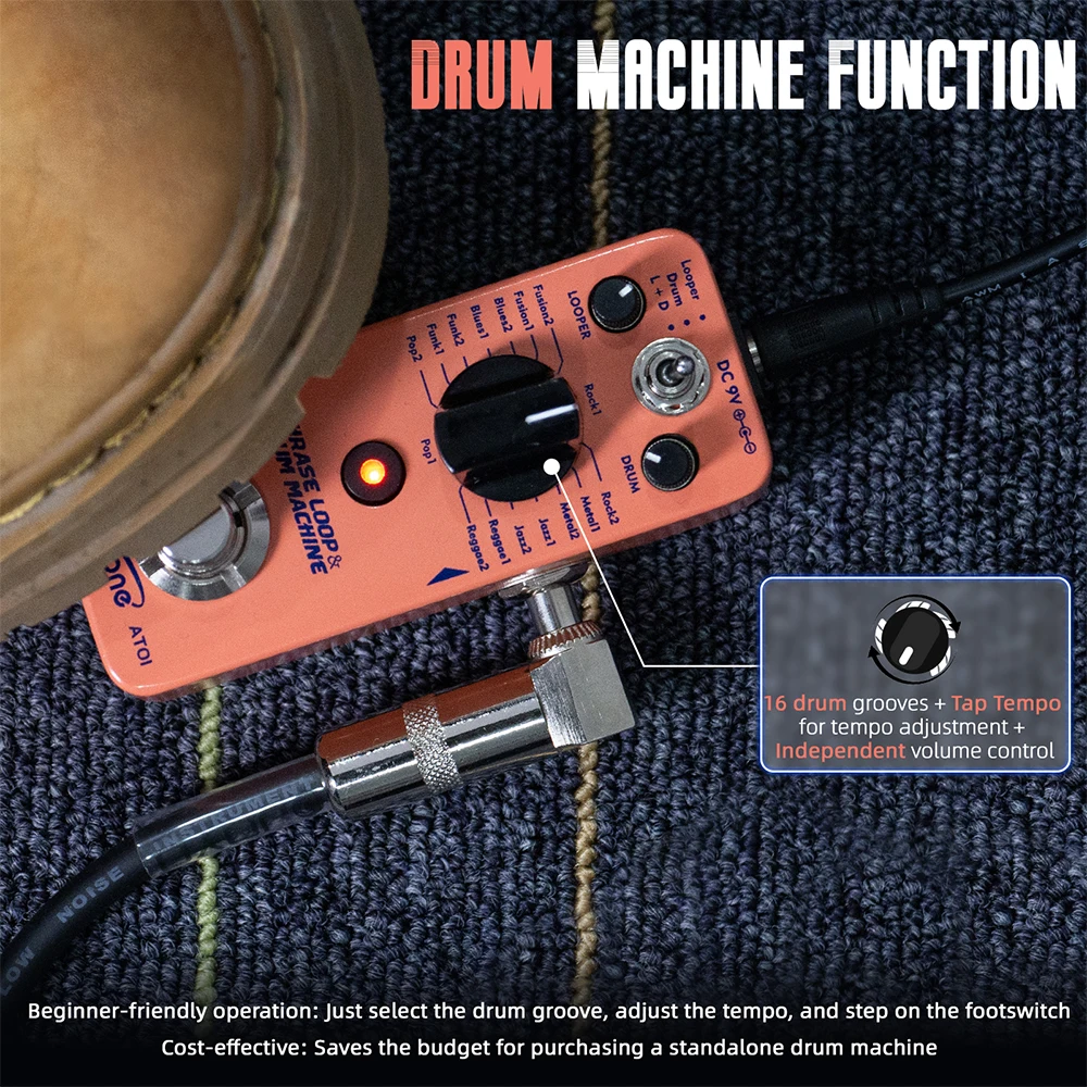 AITONE Series AT-01 Looper Pedal 8 Drum Styles 20 Minutes Looping Time Drum Mach