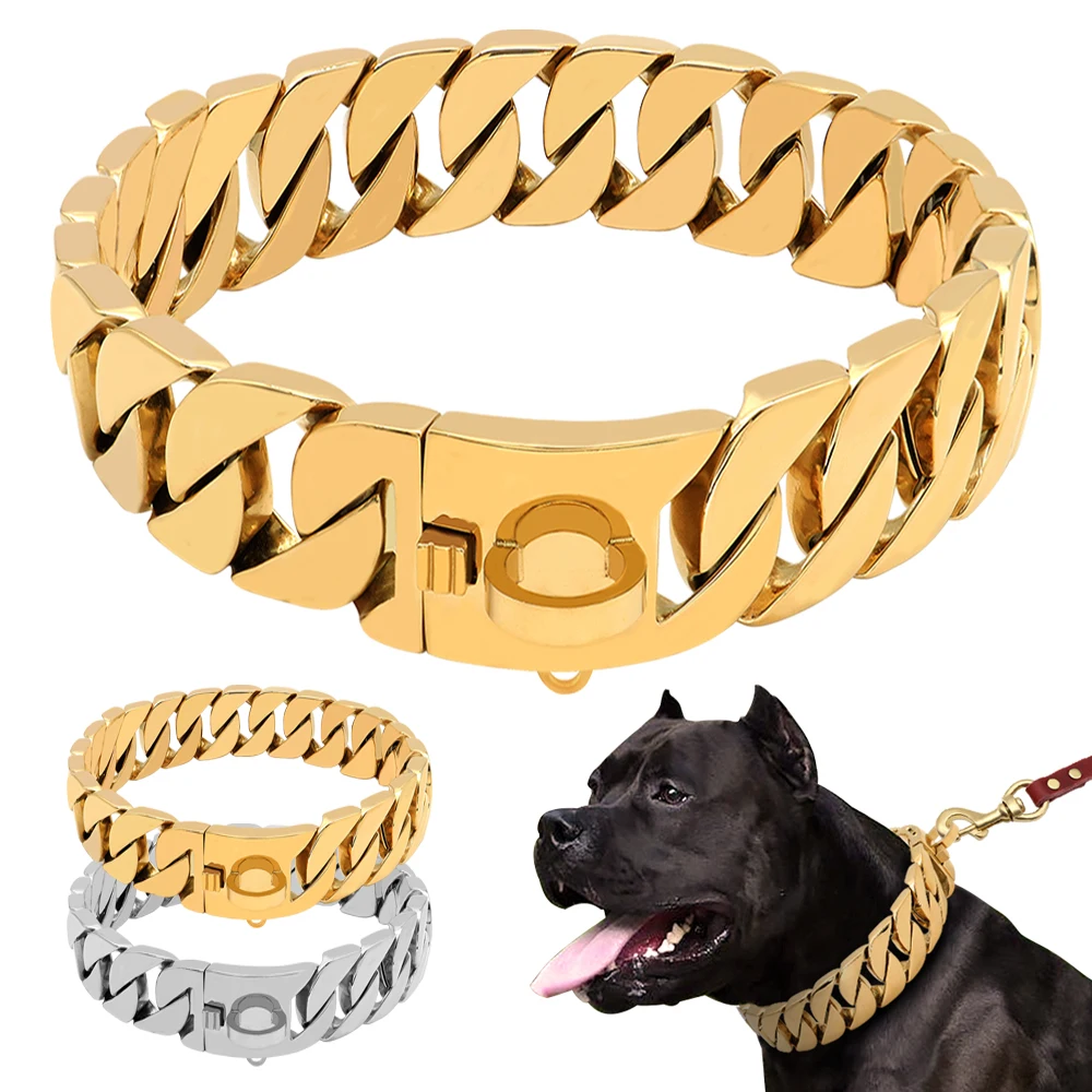 

Strong Metal Dog Chain Collars Stainless Steel Pet Training Choke Collar for Large Dogs Pitbull Bulldog Silver Gold Show Collar