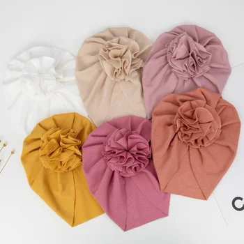 Cotton Ribbed Blossom Baby Turban Hats Elastic Solid Caps Beanies Bonnets Handmade Newborn Kids Boys Girls Headwraps Headwear 1