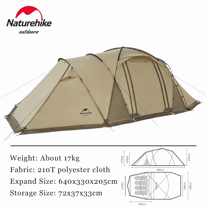 Naturehike Outdoor 4 Persons double layer Tent Large 210T polyester Camping Tunnel Tents Rain proof One Living Room One Bedroom