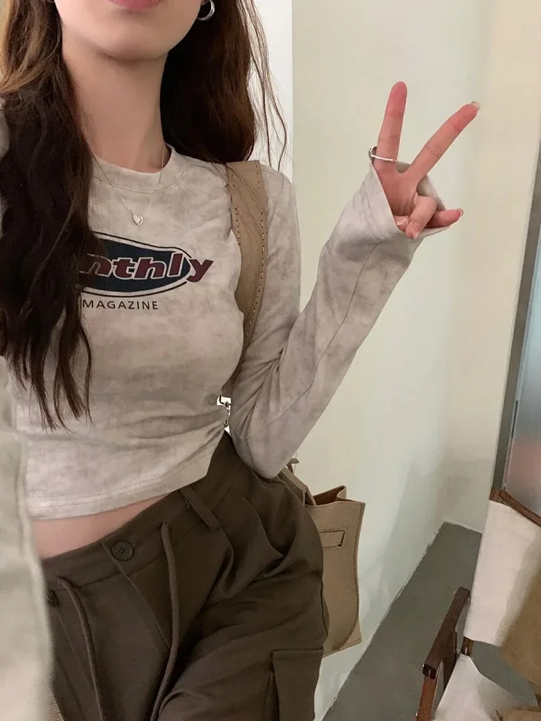 

Американская Ретро Повседневная Базовая женская футболка, осенняя Новая модная футболка, Женский облегающий уличный Топ с длинным рукавом