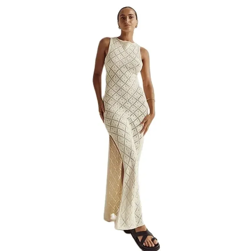 Women Split Hem Slim Fit Cover-ups Summer Solid Color Sleeveless O Neck Pullover Coverall Sleeveless Robe Female Vacation Smock