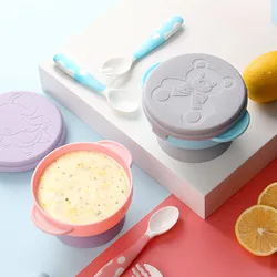 Cuenco de succión para niños, tazón de alimentación de silicona con tapa, antideslizante de dibujos animados, anticaída, para entrenamiento de niños pequeños, platos para comer, vajilla