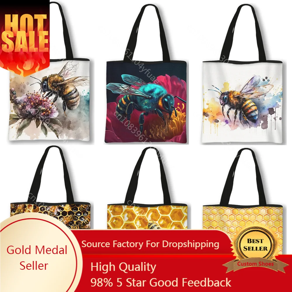 

Cute Honeybee Honeycomb Tote Bags Women Portable Shopping Bag Fashion Ladies Reusable Storage Bag Canvas Shopper Bags