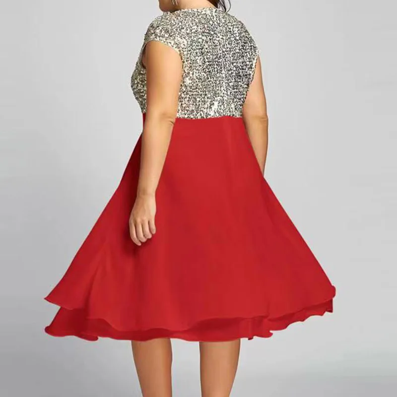 Elegant Solid Chiffon Splicing Sequin Sleeveless Zipper Midi Dress Women's Spring Summer Round Neck Net Yarn Plus Size Dresses