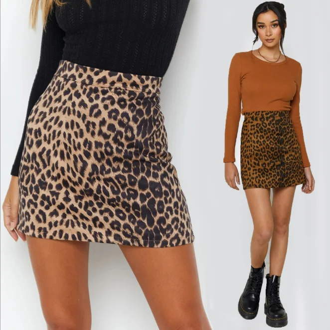 2021 Women's Suede Hip Wrap Skirt Sexy Leopard High Waist Zipper Autumn Winter A-line Skirt Girl Beige Universal crop top with skirt