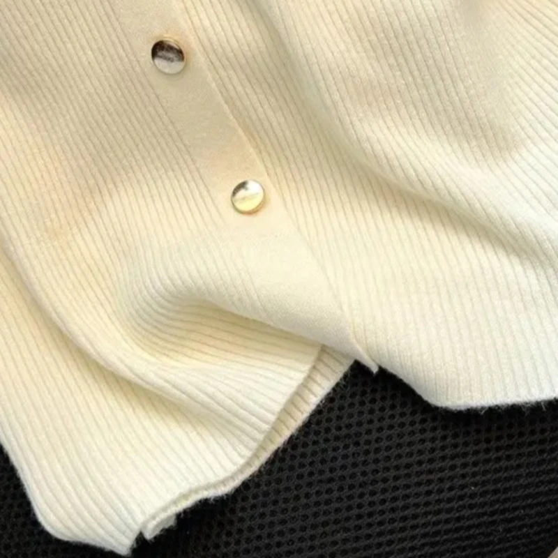 T-shirt da donna in maglia a costine con colletto polo, colore bianco crema, a maniche corte, elasticizzata, leggera, slim fit, per tutti i giorni, estiva, casual - immagine 6