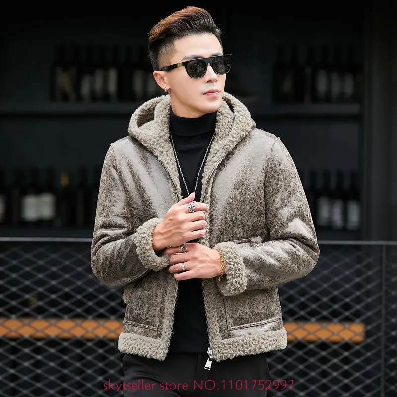 

2022 Men's Autumn Winter Fashion Genuine Wool Fur Coats Male Long Sleeve Hooded Outerwear Men Short Sheep Shearing Jackets N30