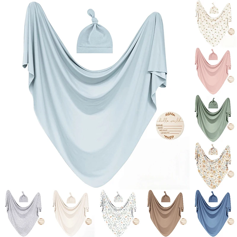 Baby Swaddle Receiving Blankets with Matching Beanie Set Newborn Nursery Swaddle Wrap for Baby Girls and Boys Set of 3