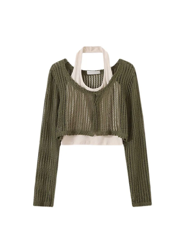 

2023 Fashion Women Halter Off Shoulder Crop Top Korean V Neck Y2K Tops Hollow Out Long Sleeve Knit Tops Coat 2 Piece Clothes