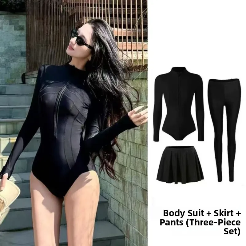 Women's One-Piece Swimsuit High-End Slimming Sunscreen New 2025 Cover-Up Swimming Costume Long Sleeve Surfing Swimwear - 2