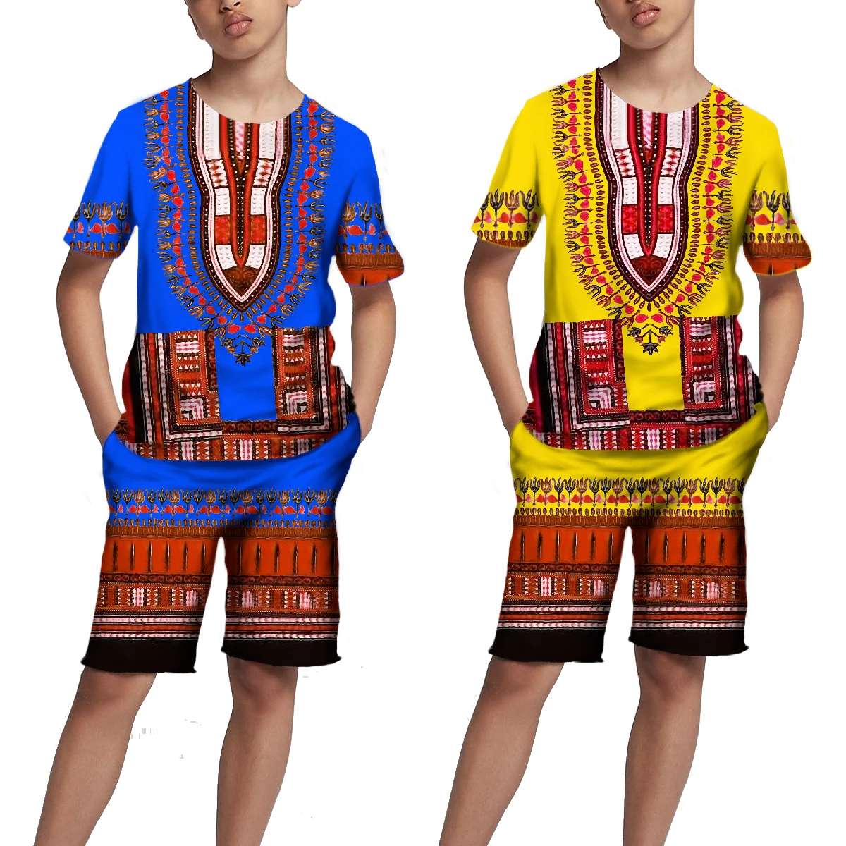 Summer retro african print kids tops trousers suits children tribal style tees sets traditional outfits boys