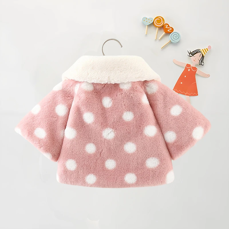 Baby Girl Winter Jacket Solid Color Wide Collar Long Bat Sleeve Fur Coat Suitable for Girls Polka Dot Printed Snow Clothes Cape