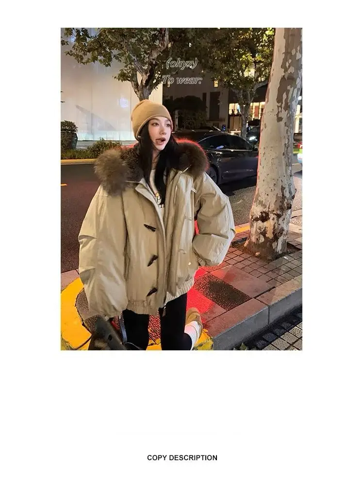 YYAHAHAS 2025 Winter New Cow Horn Button Thick Cotton Coat Retro American Warm Fur Collar Hooded Jacket Female Clothing