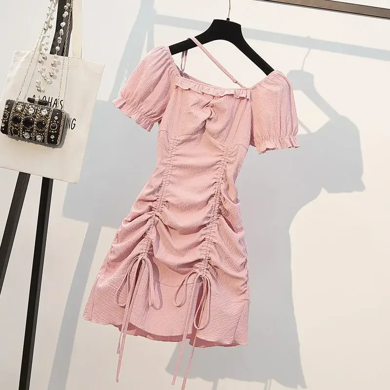 

Large Women's Summer Korean Version New Fat Mm Square Neck Fashion Waist Closing Thin Bubble Sleeve Dress Cute Short Skirt