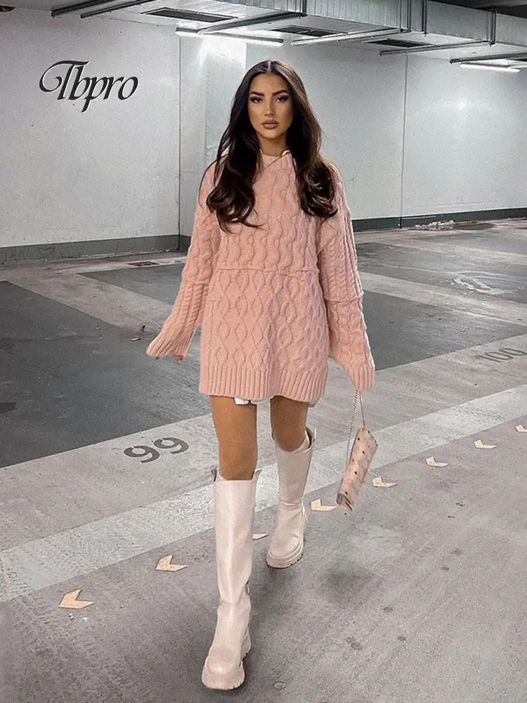 

Autumn Winter Women Pink Midi Long Sweater Fashion Long Sleeve O Neck Lady Soft Knitted Pullover Elegant Lady Street Warm Jumper