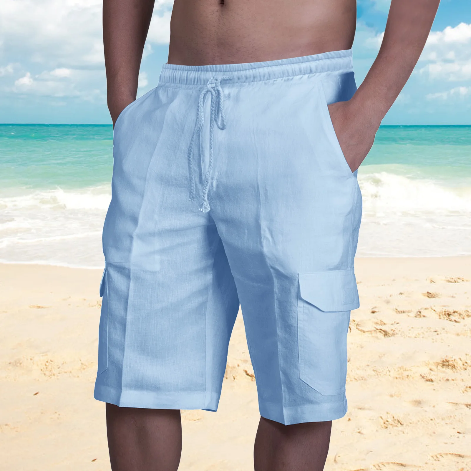

Summer Men's Cotton Linen Shorts Casual Multi-pocket Fitness Sport Shorts Mens Fashion Elastic Waist Breathable Beach Shorts