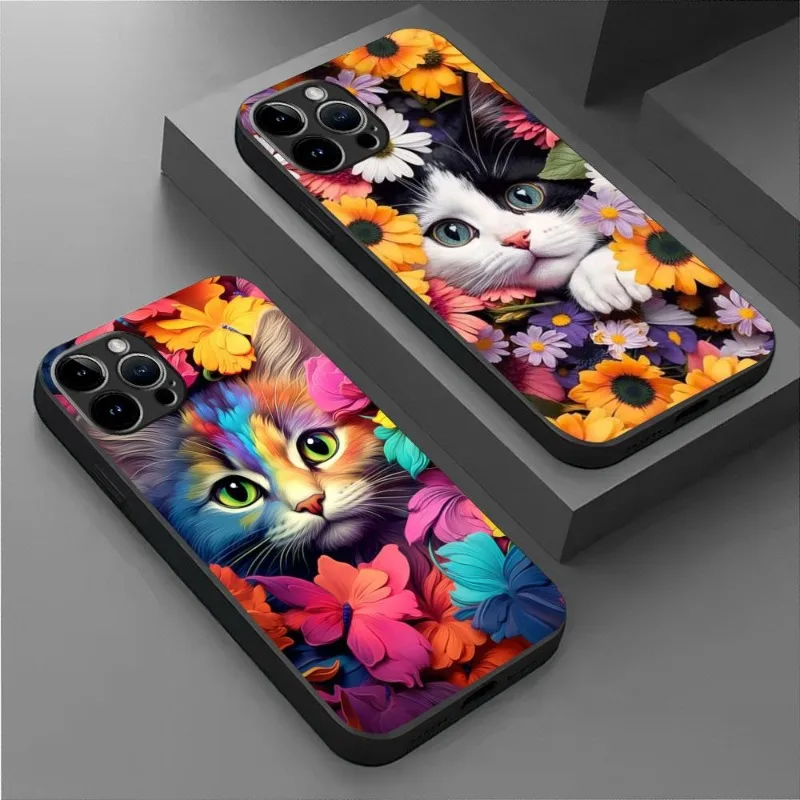 Charming Floral Cat Shockproof Non-Slip Phone Case