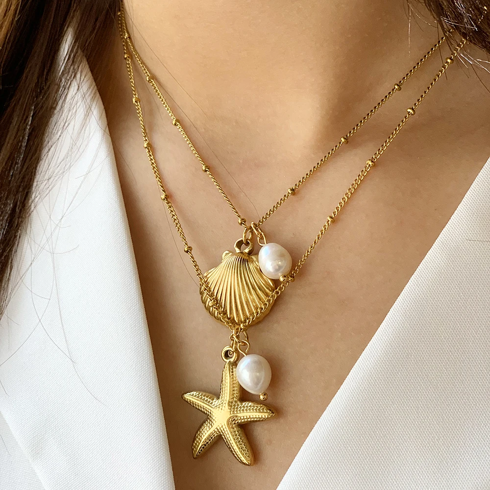 Strand Sommer Hals Edelstahl Hals Goldene DIY 2 stücke Süßwasser Perle Shell Seestern Anhänger Ozean frauen Chunky schmuck 2025