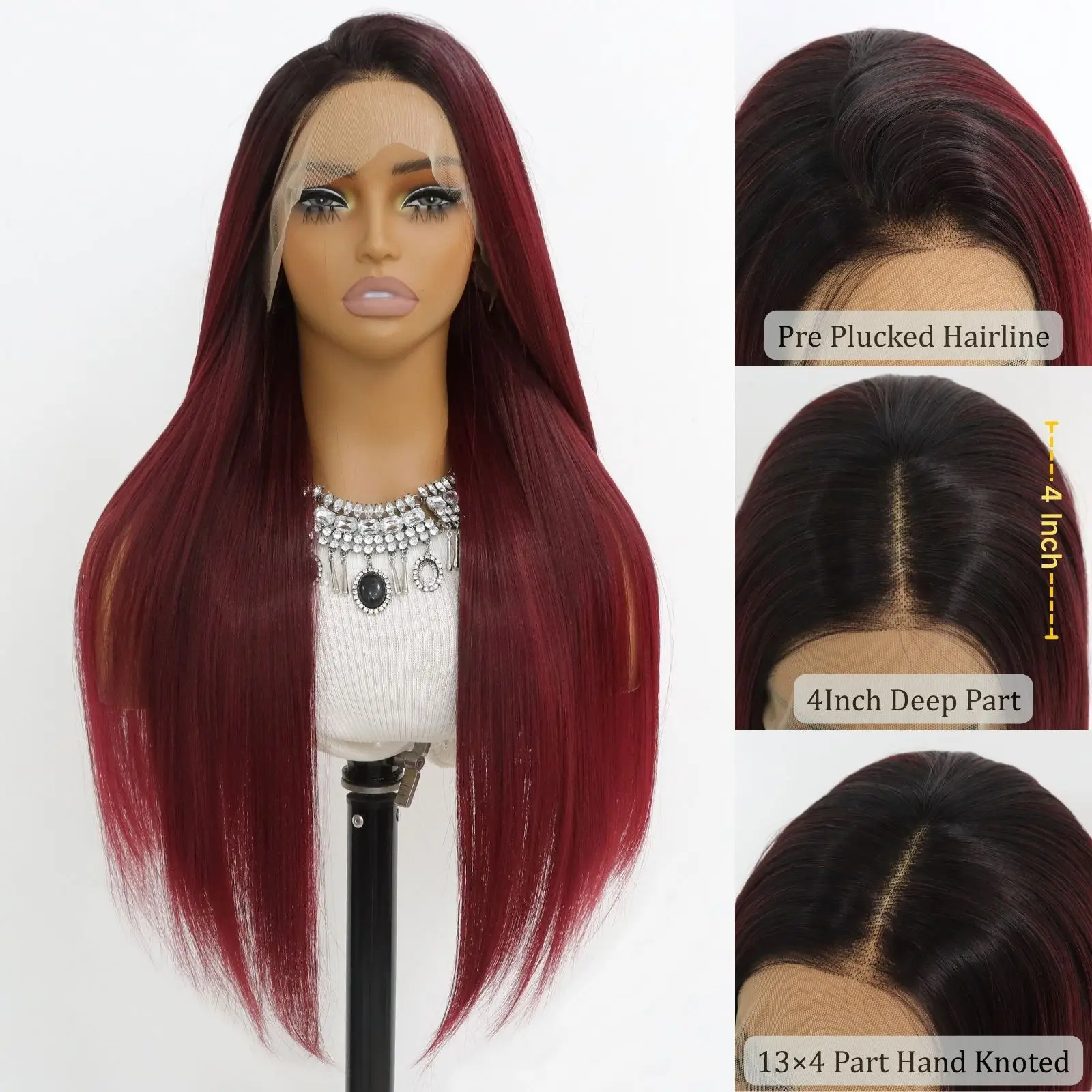 Ombre Burgundy Lace Front Wig Long Straight Ombre Wine Red 13x4 Synthetic Lace Front Wigs for Women 24Inch