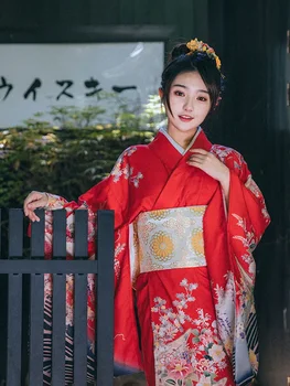 Women's Japanese Formal Furisode Kimono Red Color Traditional Floral Yukata Cosplay Costume Stage Performing Dress