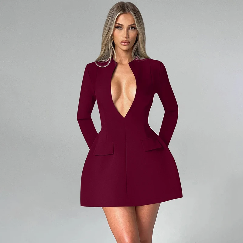 V Neck Long Sleeve Zipper Back A Line Patchwork Mini Solid Women'S Dresses Wholesale Fashion Gown Fashion Winter Clothes