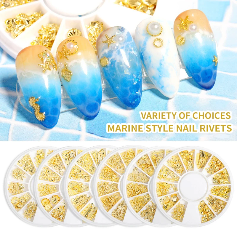 

1 Box Gold Ocean Theme 3D Nail Decoration Sea Shell Star Feather Charm Rivet Slice Sheet Nail Art Sequin Accessories