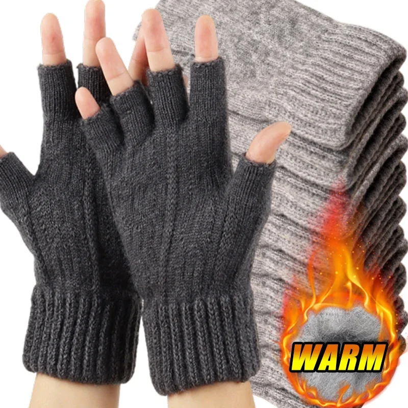 Winter Half Finger Gloves For Men Office Cycling Driving Wool